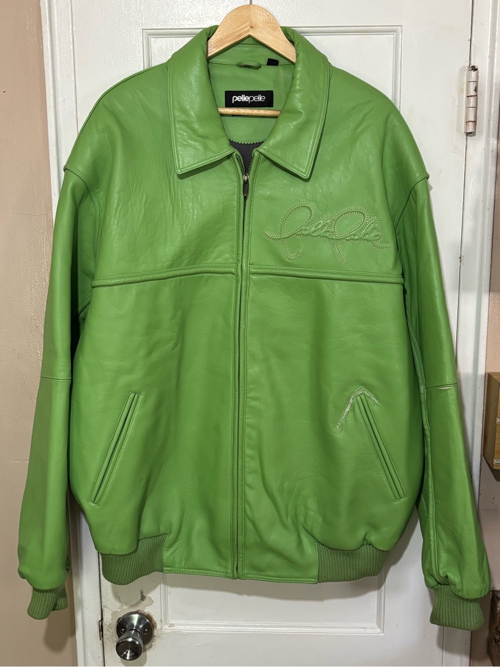 Marc Buchanan Pelle Pelle Lime Green Leather Bomber Jacket Men’s 100% Authentic